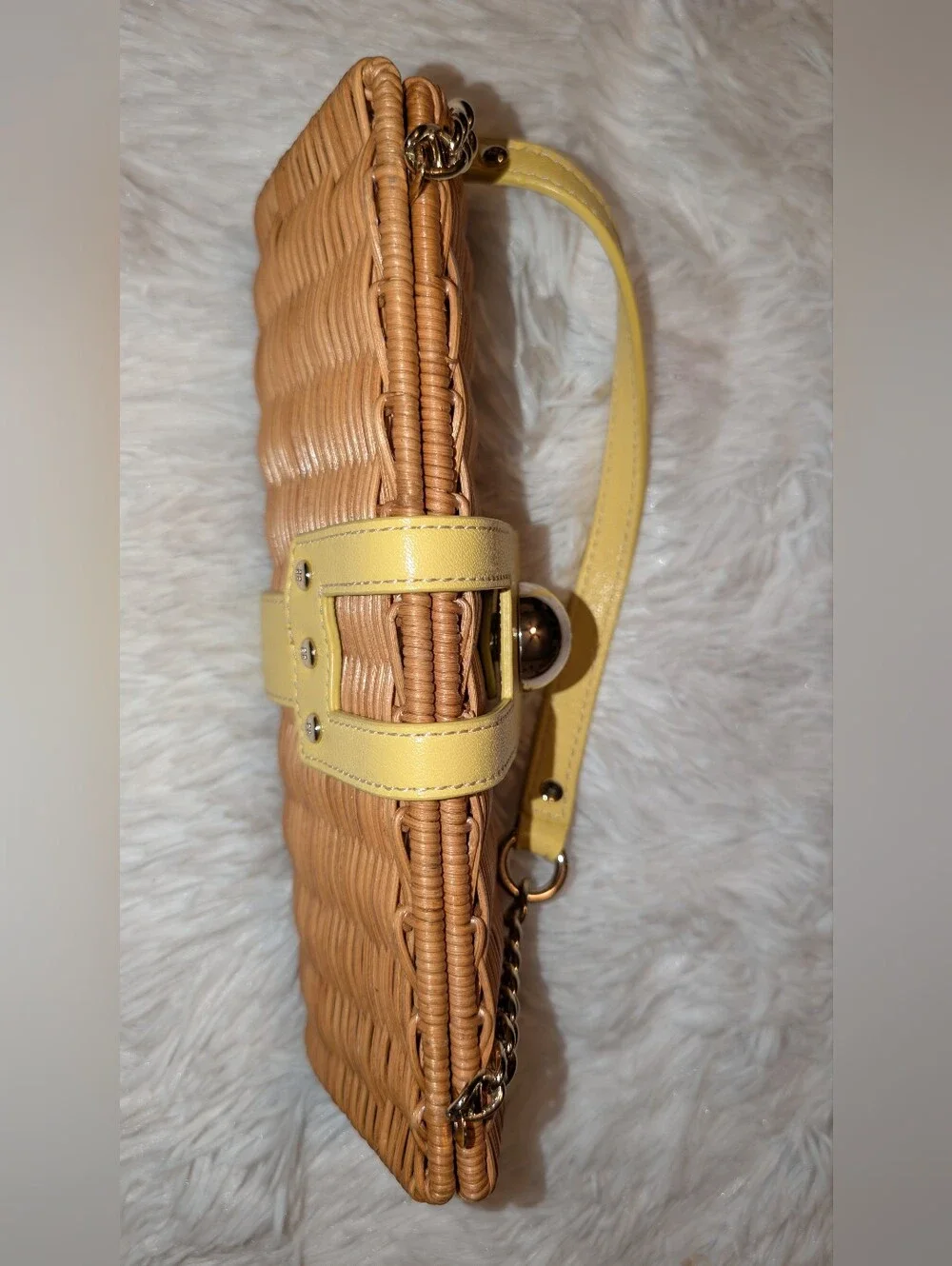 KATE SPADE Jude Cherbourg Wicker Leather Clutch Shoulder Bag Yellow Tan EUC